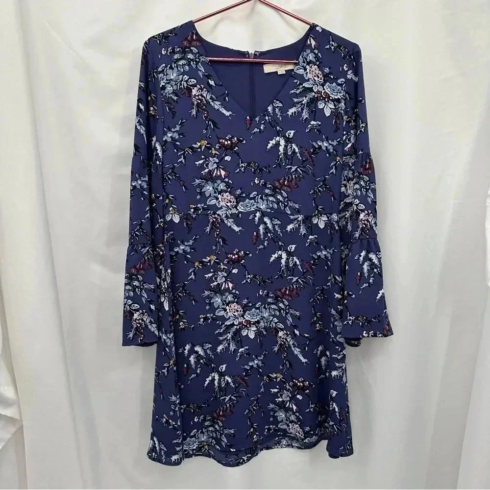 LOFT Floral Shift Dress Women 4 Purple Blue Bell Sleeve Scoop Neck Boho Dress